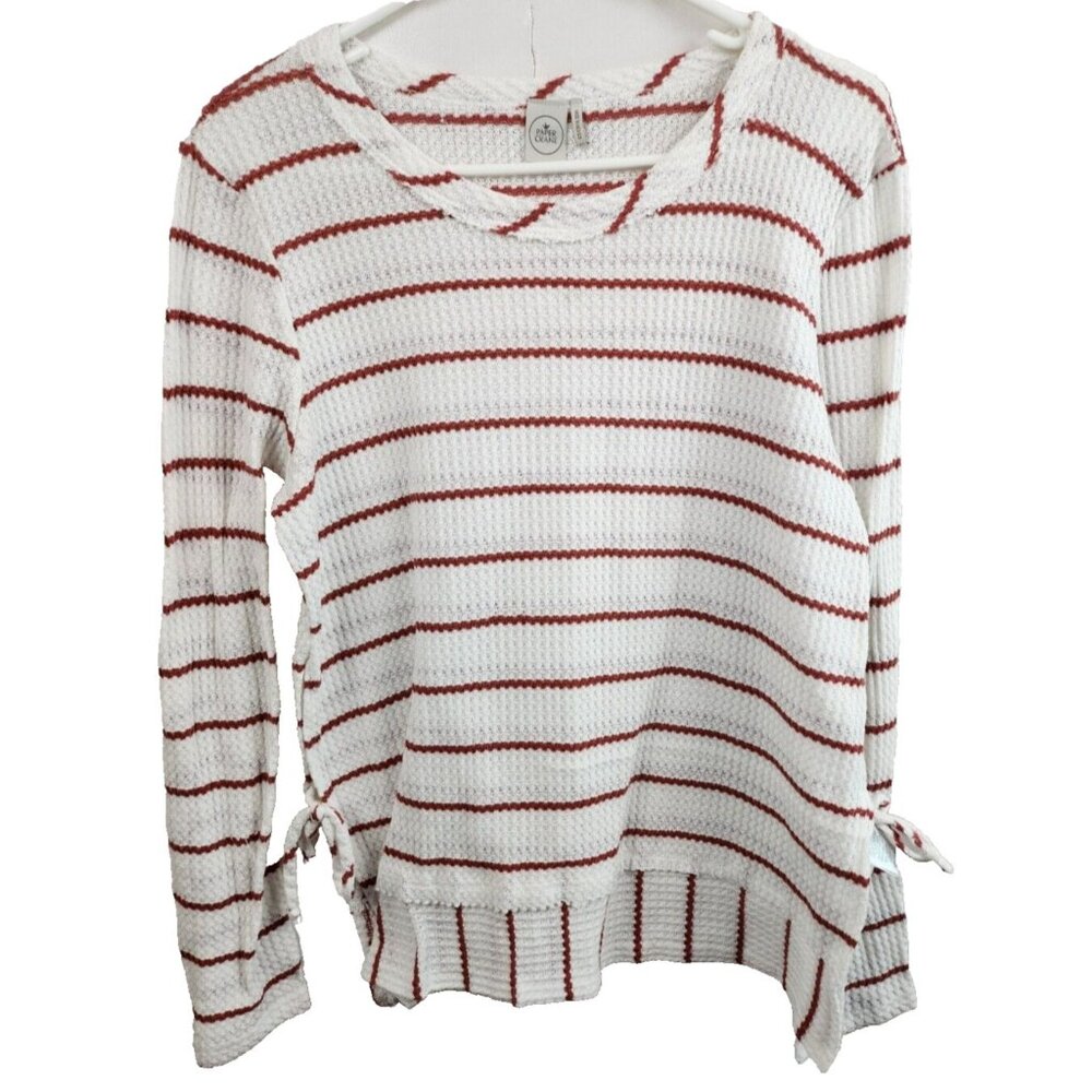 Paper‎ Crane Womens Thermal Top Large White Red Striped Long Sleeve BOHO